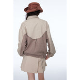 Unisex Jacket Retro Houndstooth Stitching Polo Collar Jacket Baggy Coat